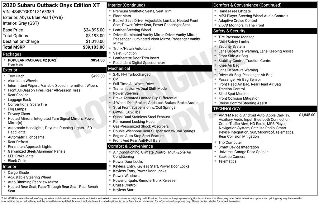 2020 Subaru Outback Onyx Edition XT